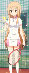 Rule 34 | 1girl, alternate costume, ball, blonde hair, blush, breasts, brown eyes, day, doma umaru, dot nose, hair between eyes, highres, himouto! umaru-chan, holding, holding tennis ball, holding tennis racket, long hair, medium breasts, open mouth, outdoors, racket, short-sleeved shirt, short sleeves, skirt, socks, solo, sparkle, sportswear, standing, stitched, tennis ball, tennis racket, tennis uniform, third-party edit