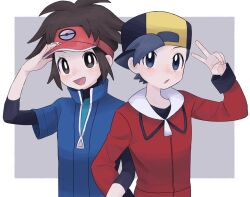 Rule 34 | 2boys, :d, :o, backwards hat, black hair, black shirt, blue jacket, bodysuit, bodysuit under clothes, bright pupils, brown eyes, brown hair, commentary request, creatures (company), ethan (pokemon), game freak, hand up, hat, highres, jacket, locked arms, long sleeves, looking at viewer, male focus, multiple boys, nate (pokemon), nintendo, open mouth, pokemon, pokemon bw2, pokemon hgss, red jacket, sana (37pisana), shirt, short hair, short sleeves, smile, upper body, v, white pupils, zipper pull tab