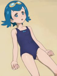 Rule 34 | 1girl, :o, bad id, bad twitter id, bare shoulders, blue eyes, blue hair, blue one-piece swimsuit, blush, bright pupils, cameltoe, creatures (company), flat chest, game freak, inactive account, lana (pokemon), lying, muramura hito, nintendo, on back, one-piece swimsuit, open mouth, pokemon, pokemon sm, short hair, solo, swimsuit, trial captain