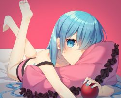 Rule 34 | 1girl, apple, aqua eyes, aqua hair, bad id, bad pixiv id, collarbone, commentary, expressionless, food, frilled shorts, frills, fruit, hatsune miku, highres, holding, holding food, holding fruit, legs up, long hair, looking at viewer, lying, nail polish, hugging object, on stomach, one eye covered, pillow, pillow hug, pink background, romeo to cinderella (vocaloid), shorts, sleepwear, the pose, tsumiki0326, very long hair, vocaloid