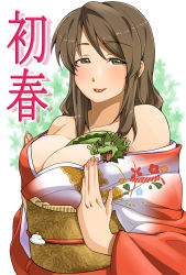 Rule 34 | 1girl, :p, bare shoulders, blush, breasts squeezed together, breasts, brown eyes, brown hair, cleavage, double v, dragon, green eyes, japanese clothes, kimono, large breasts, long hair, nail polish, new year, open mouth, original, smile, solo, tongue, tongue out, v, yuuki maya