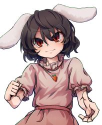 Rule 34 | 1girl, absurdres, animal ears, black hair, blush, carrot necklace, closed mouth, commentary request, dress, flat chest, floppy ears, frilled sleeves, frills, hair between eyes, highres, inaba tewi, jewelry, kusiyan, looking at viewer, necklace, pink dress, puffy short sleeves, puffy sleeves, rabbit ears, rabbit girl, red eyes, short hair, short sleeves, simple background, smile, solo, touhou, upper body, wavy hair, white background