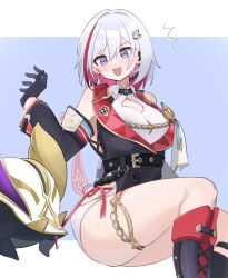 Rule 34 | 1girl, bare shoulders, black gloves, blue eyes, blush, breasts, gloves, grey hair, highres, honkai: star rail, honkai (series), large breasts, looking at viewer, multicolored hair, numby (honkai: star rail), open mouth, piri, red hair, short hair, sitting, smile, solo, streaked hair, thick thighs, thighs, topaz (honkai: star rail), trotter (honkai: star rail)