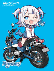 Rule 34 | 1girl, a (phrase), absurdres, blue background, blue eyes, blush, character name, chibi, copyright name, english text, engrish text, fins, fish tail, gawr gura, highres, hololive, hololive english, honda monkey, looking at viewer, medium hair, motor vehicle, motorcycle, multicolored hair, one eye closed, open mouth, ranguage, sandals, school uniform, shark girl, shark tail, sharp teeth, short twintails, streaked hair, tail, teeth, twintails, virtual youtuber, white hair, yoyoko707
