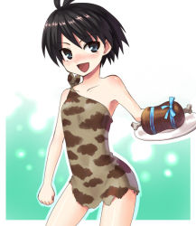 Rule 34 | 00s, 1girl, antenna hair, bad id, bad pixiv id, bare shoulders, black hair, blue bow, blue eyes, blue ribbon, blush, boned meat, border, bow, breasts, caveman, cavewoman, contrapposto, cowboy shot, dress, food, gift, idolmaster, idolmaster (classic), idolmaster 1, kikuchi makoto, looking at viewer, meat, no bra, nose blush, outline, outside border, plate, ribbon, short dress, short hair, simple background, small breasts, smile, solo, standing, tougyuu yukio, white border