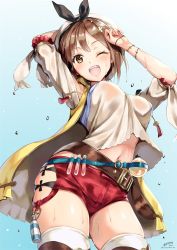 Rule 34 | 1girl, arms up, atelier (series), atelier ryza, atelier ryza 1, ayakawa riku, belt, blue background, blush, breasts, brown eyes, brown hair, commentary, cowboy shot, flask, hair ornament, hairclip, jacket, large breasts, looking at viewer, navel, one eye closed, open mouth, red shorts, reisalin stout, round-bottom flask, shirt, short hair, short shorts, shorts, signature, sleeveless, sleeveless jacket, smile, solo, thighhighs, thighs, water drop, white headwear, white shirt, yellow jacket
