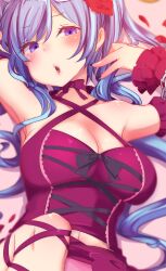 Rule 34 | 1girl, alternate costume, black nails, blue eyes, blue hair, blush, breasts, cleavage, cross-laced clothes, detached sleeves, hatsune miku, kusoyuridanchi, large breasts, long hair, looking at viewer, lying, on back, open mouth, solo, upper body, vocaloid