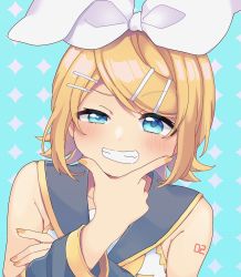 Rule 34 | 1girl, argyle, argyle background, argyle clothes, bare shoulders, blonde hair, blue eyes, blush, bow, commentary, crossed arms, detached sleeves, finger gun, grin, hair bow, hair ornament, hairclip, hand on own chin, headset, highres, kagamine rin, looking at viewer, medium hair, nail polish, neckerchief, raised eyebrow, sailor collar, smile, solo, swept bangs, tareme, tatibanamarin, upper body, vocaloid, yellow nails, yellow neckerchief