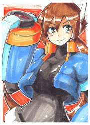 Rule 34 | 1girl, aile (mega man zx), arm cannon, bodystocking, bodysuit, breasts, commentary request, gloves, large breasts, layered sleeves, long hair, long sleeves, marker (medium), mega man (series), mega man zx, mega man zx advent, mitsuyanabe (carp sandaime), short over long sleeves, short sleeves, skin tight, smile, solo, spandex, traditional media, weapon