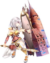 Rule 34 | 1girl, armor, boots, breastplate, cape, dress, full body, holding, holding shield, holding sword, holding weapon, jewelry, kneeling, looking to the side, malbork (oshiro project), necklace, official art, oshiro project:re, oshiro project:re, purple eyes, shield, silver hair, smile, sword, taicho128, thigh boots, thighhighs, transparent background, weapon, white dress