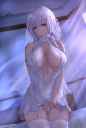 Rule 34 | 1girl, anchor necklace, areola slip, arm behind back, azur lane, bare shoulders, blue eyes, breasts, cameltoe, cleavage, cleavage cutout, closed mouth, clothes lift, clothing cutout, collarbone, cowboy shot, dress, dress lift, flower, garter straps, hair flower, hair ornament, highres, illustrious (azur lane), illustrious (morning star of love and hope) (azur lane), indoors, jewelry, large breasts, long hair, looking at viewer, navel, necklace, panties, rose, signature, sleeveless, solo, thighhighs, underwear, veil, white dress, white flower, white hair, white panties, white rose, white thighhighs, zynxy