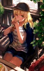 Rule 34 | 1girl, bespectacled, blonde hair, blurry, coffee, coffee cup, cup, depth of field, disposable cup, drinking straw, glasses, green eyes, hat, highres, holding, hoshii miki, idolmaster, idolmaster (classic), idolmaster 2, long hair, looking at viewer, madogiwa (ran5), peaked cap, red-framed eyewear, sitting, solo, starbucks