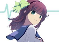 Rule 34 | 1girl, angel beats!, black hairband, blue sailor collar, blunt bangs, bow, close-up, closed mouth, commentary, floating hair, from side, green bow, green eyes, hair bow, hairband, highres, lelie (lelie link), looking at viewer, medium hair, nakamura yuri, nose, purple hair, sailor collar, serious, shinda sekai sensen uniform, shirt, simple background, solo, straight hair, white background, white shirt