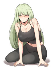 Rule 34 | 1girl, absurdres, banshee (last origin), blush, breasts, cleavage, expressionless, eyes visible through hair, full body, halusal-i, highres, huge breasts, large breasts, last origin, light green hair, looking at viewer, midriff, navel, simple background, sitting, solo, spandex, sports bra, sweat, white background, yellow eyes