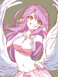 Rule 34 | 1girl, angel, angel wings, animal ears, bird ears, breasts, commentary, crop top, cross, drooling, feathered wings, hashtag-only commentary, highres, jibril (no game no life), large breasts, long hair, looking at viewer, low wings, midriff, mouth drool, multicolored eyes, navel, no game no life, open mouth, pink hair, purple eyes, smile, solo, stomach, symbol-shaped pupils, tans0b3, tattoo, very long hair, white wings, wing ears, wings, yellow eyes