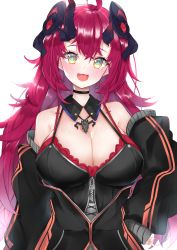 Rule 34 | 1girl, ahoge, bare shoulders, blush, breasts, choker, cleavage, curled horns, demon horns, hair between eyes, highres, horns, large breasts, long hair, looking at viewer, magrona, magrona channel, nemun (tamizzz), red hair, simple background, smile, solo, symbol-shaped pupils, very long hair, virtual youtuber, white background, yellow eyes