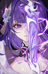Rule 34 | 1girl, black background, blunt bangs, electricity, genshin impact, glowing, glowing weapon, hair ornament, highres, holding, holding sword, holding weapon, japanese clothes, long hair, looking at viewer, mole, mole under eye, neck ribbon, open mouth, purple eyes, purple hair, raiden shogun, rei (sss35 ss3), ribbon, solo, sword, tomoe (symbol), weapon