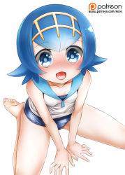Rule 34 | 10s, 1girl, :d, bare arms, bare legs, bare shoulders, barefoot, blue eyes, blue hair, blue sailor collar, blunt bangs, blush, collarbone, creatures (company), feet, full-face blush, game freak, hairband, happy, kore (korewa13th), lana (pokemon), looking at viewer, looking up, nintendo, npc trainer, one-piece swimsuit, open mouth, patreon, patreon username, pokemon, pokemon (anime), pokemon sm, pokemon sm (anime), sailor collar, shirt, short hair, simple background, sitting, sleeveless, sleeveless shirt, smile, soles, solo, swimsuit, swimsuit under clothes, toes, tongue, trial captain, wariza, watermark, web address, white background