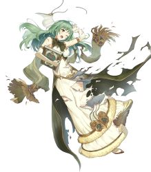 Rule 34 | 1girl, artist request, bare shoulders, blush, book, breasts, dress, elbow gloves, fire emblem, fire emblem echoes: shadows of valentia, fire emblem heroes, full body, fur trim, gloves, green eyes, green hair, highres, holding, holding book, long dress, long skirt, looking away, medium breasts, nintendo, official art, open mouth, skirt, sleeveless, solo, tatiana (fire emblem), torn clothes, torn gloves, torn skirt, transparent background, white gloves