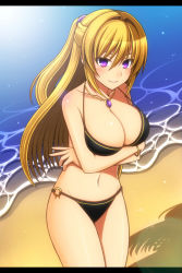 Rule 34 | 1girl, beach, bikini, black bikini, blonde hair, blush, bracelet, breast hold, breasts, cleavage, crossed arms, day, gem, hair between eyes, half updo, highres, hizuki rei, jewelry, large breasts, leaning forward, letterboxed, long hair, looking at viewer, md5 mismatch, navel, necklace, o-ring, o-ring bikini, ocean, original, parted lips, purple eyes, shade, shiny skin, smile, solo, standing, swimsuit, teeth, thighs, tree shade