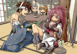 Rule 34 | 2boys, 2girls, amputee, arc system works, armor, baiken, barefoot, biceps, blush, bottle, breasts, brown eyes, brown hair, chipp zanuff, cleavage, cup, detached sleeves, feet, glasses, greaves, guilty gear, hat, head rest, headband, japanese clothes, katana, kimono, large breasts, long hair, may (guilty gear), mito anji, multiple boys, multiple girls, muscular, one-eyed, orange hat, pince-nez, pink hair, pirate hat, ponytail, sake bottle, scar, scar across eye, scar on face, sheath, sheathed, silver hair, sitting, soles, spiked hair, sword, toeless legwear, toes, topless male, weapon, wide sleeves, ysk!, | |