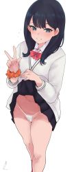 Rule 34 | 1girl, berserkert, black hair, black skirt, blue eyes, blush, bow, bowtie, cardigan, clothes lift, commentary, flying sweatdrops, gridman universe, highleg, highleg panties, highres, lifted by self, long sleeves, looking at viewer, medium hair, orange scrunchie, panties, red bow, red bowtie, scrunchie, signature, simple background, skirt, skirt lift, smile, solo, ssss.gridman, symbol-only commentary, takarada rikka, underwear, w, white background, white cardigan, white panties, wrist scrunchie