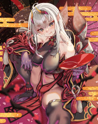 Rule 34 | 1girl, breasts, fingernails, hair in own mouth, highres, horns, japanese clothes, kink (tortoiseshell), large breasts, looking at viewer, navel, oni, oni horns, original, pointy ears, sharp fingernails, solo, thighhighs, thighs, tongue, white hair