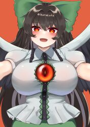 Rule 34 | 1girl, :d, absurdres, arm cannon, bird wings, black hair, black wings, blush, bow, breasts, bright pupils, cape, chest jewel, foreshortening, green bow, green skirt, hair between eyes, hair bow, heaven4014, highres, huge breasts, long hair, open mouth, reaching, reaching towards viewer, red eyes, reiuji utsuho, short sleeves, simple background, skirt, smile, solo, touhou, very long hair, weapon, white cape, wings
