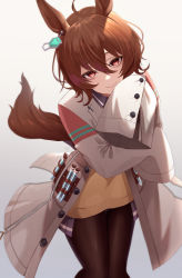 Rule 34 | 1girl, agnes tachyon (umamusume), ahoge, animal ears, brown hair, coat, earrings, gradient background, hair between eyes, highres, holding own arm, horse ears, horse girl, horse tail, ironatsuki, jewelry, lab coat, long sleeves, necktie, open clothes, open coat, pantyhose, red eyes, short hair, single earring, sleeves past fingers, sleeves past wrists, smile, solo, sweater, tail, test tube, umamusume, yellow sweater