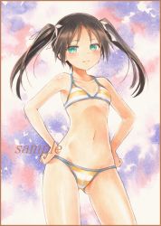 Rule 34 | 1girl, bad id, bad pixiv id, bikini, black hair, blush, border, collarbone, colored pencil (medium), francesca lucchini, green eyes, hair ribbon, hands on own hips, looking at viewer, marker (medium), navel, potto, potto (minntochan), ribbon, sample watermark, solo, strike witches, striped bikini, striped clothes, swimsuit, traditional media, twintails, watermark, world witches series