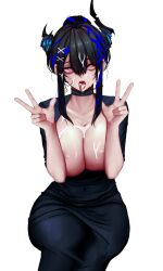 Rule 34 | 1girl, absurdres, asymmetrical horns, bags under eyes, black dress, black hair, black horns, black nails, blue choker, blue hair, breasts, choker, cleavage, clothes pull, collarbone, cum, cum in mouth, cum on body, cum on breasts, cum on feet, cum on hair, cum on tongue, cum on upper body, dongtan dress, double w, dress, dress pull, expressionless, hair between eyes, hair bun, hair ornament, hairclip, hands up, highres, hololive, hololive english, horns, large breasts, lipgloss, long sleeves, looking at viewer, meme attire, multicolored hair, musical note, nail polish, nerissa ravencroft, no bra, red eyes, red lips, short hair, sidelocks, simple background, single hair bun, sitting, soju ice, solo, streaked hair, taut clothes, taut dress, thighs, uneven horns, virtual youtuber, w, white background