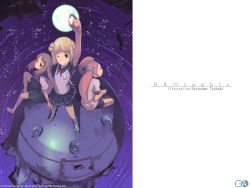 Rule 34 | 3girls, arm up, full moon, gagraphic, grin, gym uniform, hand on own hip, moon, moon reflection, multiple girls, night, one eye closed, outstretched arm, reflection, ripples, school uniform, sitting, sky, smile, standing, star (sky), starry sky, tsubaki harusame, wallpaper, water