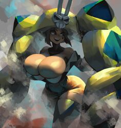 Rule 34 | 1girl, boots, breasts, cerebella (skullgirls), cleavage, green hair, hat, highres, large breasts, looking to the side, noonun, open mouth, sidelocks, skirt, skullgirls, smile, solo, thick thighs, thigh boots, thighs, vice-versa (skullgirls), wide hips