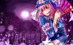 Rule 34 | 1girl, bug, butterfly, hand fan, female focus, forest, hat, bug, nature, outdoors, pink hair, red eyes, saigyouji yuyuko, short hair, sinzire, sky, solo, touhou