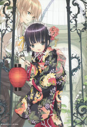 Rule 34 | 1boy, 1girl, black hair, blonde hair, blunt bangs, claude claudel, green eyes, ikoku meiro no croisee, japanese clothes, kimono, lantern, long sleeves, looking at viewer, official art, open mouth, parted lips, plant, purple hair, sleeves past wrists, takeda hinata, yune (ikoku meiro no croisee)