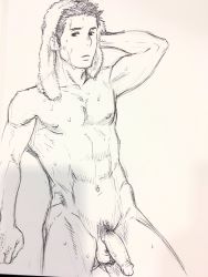 Rule 34 | 1boy, abs, highres, male focus, muscular, nipples, nude, original, penis, sketch, solo, testicles, towel, tsukumo gou, wet