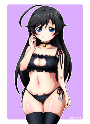 Rule 34 | 10s, 1girl, ahoge, ass, bare shoulders, bell, black bra, black hair, black panties, black thighhighs, blue eyes, blush, bra, breasts, cat cutout, cat ear panties, cat lingerie, choker, cleavage, cleavage cutout, clothing cutout, collar, frilled bra, frills, girls und panzer, gluteal fold, grin, isuzu hana, jingle bell, kurono, large breasts, long hair, looking at viewer, meme attire, navel, neck bell, panties, side-tie panties, smile, solo, stomach, thigh gap, thighhighs, thighs, twitter username, underwear, underwear only
