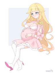 Rule 34 | 1girl, absurdres, beelzebub-jou no okinimesu mama., beelzebub (beelzebub-jou), big belly, blonde hair, blue eyes, boots, breasts, cleavage, cleavage cutout, closed mouth, clothing cutout, dress, frilled dress, frills, full body, hands on own stomach, high heels, highres, large breasts, light blush, long hair, looking down, pink dress, pink wrist cuffs, pregnant, signature, simple background, sitting, smile, solo, stiletto heels, thigh boots, vanabette, very long hair, wrist cuffs