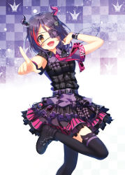 Rule 34 | 1girl, :d, ankle boots, armpit peek, arms up, badge, belt, belt buckle, black footwear, black shirt, black skirt, black thighhighs, boots, breast pocket, breasts, brown eyes, buckle, button badge, checkered background, collared shirt, covered navel, eyepatch, foreshortening, frills, gradient background, hair between eyes, hair ornament, hayasaka mirei, highres, horns, idolmaster, idolmaster cinderella girls, layered skirt, medium breasts, multicolored hair, narinn, necktie, one eye covered, open mouth, pink necktie, plaid, plaid shirt, pocket, pointing, pointing at viewer, print shirt, print thighhighs, purple hair, red hair, shirt, short hair, short sleeves, skirt, smile, solo, streaked hair, striped clothes, striped thighhighs, thighhighs, two-tone hair, vertical-striped clothes, vertical-striped thighhighs, wing collar, zettai ryouiki