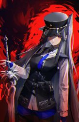 Rule 34 | 1girl, arknights, belt, belt pouch, black belt, black hair, black hat, black vest, blue gloves, blue shorts, breasts, cigarette, commentary, cowboy shot, essukaa (e-su), fingerless gloves, gloves, hat, highres, holding, holding sword, holding weapon, long hair, long sleeves, looking ahead, medium breasts, peaked cap, pouch, red background, red eyes, shirt, shorts, solo, standing, sword, texas (arknights), very long hair, vest, weapon, white shirt, wolf