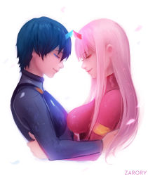 Rule 34 | 10s, 1boy, 1girl, black bodysuit, black hair, blue horns, bodysuit, breasts, closed eyes, commentary, couple, darling in the franxx, english commentary, face-to-face, facing another, gloves, hetero, hiro (darling in the franxx), horns, long hair, medium breasts, oni horns, petals, pilot suit, pink hair, red bodysuit, red horns, short hair, signature, white gloves, zarory, zero two (darling in the franxx)