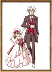 Rule 34 | 1boy, 1girl, age difference, anzamnia, blue eyes, bouquet, bridal veil, bride, brown hair, child, dress, elbow gloves, flower, formal, framed, gloves, groom, height difference, jewelry, lapels, necklace, official art, one eye closed, ore ga akuma de aitsu ga yome de, peaked lapels, pointy ears, red eyes, shimotsuki uika, short hair, suit, tuxedo, veil, wedding dress, white gloves, white hair, wink