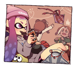 Rule 34 | 1boy, 3girls, ^^^, agent 3 (splatoon 3), agent 4 (splatoon), agent 8 (splatoon), animal ear headwear, animal ears, beanie, big man (splatoon), black hairband, black scarf, black shorts, black vest, blush stickers, boots, border, brown footwear, buttons, chocolate, creature, crossed legs, dark-skinned female, dark skin, eating, fake animal ears, fang, food, fur trim, gift, green jacket, grey hoodie, hairband, hat, heart, holding, holding chocolate, holding creature, holding food, hood, hood down, hoodie, inkling, inkling girl, inkling player character, jacket, long sleeves, looking ahead, mouth hold, multiple girls, nintendo, no pupils, notice lines, octoling, octoling girl, octoling player character, open mouth, orange background, outstretched arms, pink eyes, pink hair, pink headwear, pointy ears, potsupo, red hair, red ribbon, ribbon, ribbon-trimmed vest, scarf, shirt, shorts, sitting, smallfry (splatoon), smile, splatoon (series), splatoon 3, stingray, sweatdrop, sweater jacket, tentacle hair, throwing, v-shaped eyebrows, vest, white border, white shirt