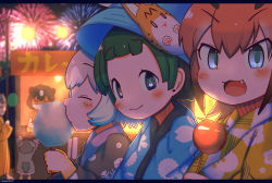 Rule 34 | 1boy, 2girls, 5girls, :3, aerial fireworks, artist name, bad id, bad pixiv id, blue eyes, blurry, blurry background, blush, candy apple, caracal (kemono friends), character request, cotton candy, depth of field, eating, closed eyes, fang, fireworks, food, from side, green hair, hat, highres, japanese clothes, kemono friends, kimono, kyururu (kemono friends), lantern, letterboxed, looking at viewer, market stall, mask, multiple girls, night, orange hair, paper lantern, rakugakiraid, short hair, smile, summer, summer festival, upper body, white hair, yukata