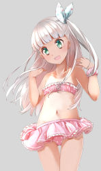 Rule 34 | 1girl, alternate costume, blush, comah, gradient background, green eyes, grey background, hair ornament, hair ribbon, highres, kantai collection, long hair, looking at viewer, maestrale (kancolle), navel, open mouth, ribbon, silver hair, smile, solo, swimsuit, tan, tanline