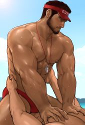 Rule 34 | 2boys, abs, bara, bare pectorals, beard, black hair, blush, brown hair, bulge, cloud, cloudy sky, dark-skinned male, dark skin, dopey (dopq), eye contact, facial hair, from side, grabbing, groping, hands on another&#039;s hips, highres, imminent anal, imminent penetration, large pectorals, lifeguard, looking at another, male focus, male swimwear, mature male, multiple boys, muscular, muscular male, nipples, original, paid reward available, pectoral grab, pectorals, profile, red male swimwear, short hair, sideburns, sitting, sitting on person, sky, stomach, stubble, sweat, swim briefs, thick thighs, thighs, whistle, whistle around neck, yaoi