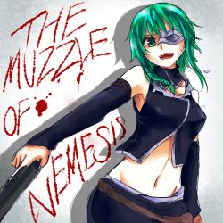 Rule 34 | 1girl, bad id, bad pixiv id, braid, broken mask, crop top, crossdraw holster, crying, crying with eyes open, detached collar, detached sleeves, domino mask, evillious nendaiki, from side, green eyes, green hair, gumi, gun, handgun, holster, laughing, mask, matching hair/eyes, midriff, navel, nemesis no juukou (vocaloid), nemesis sudou, revolver, seasnow, short hair with long locks, side braid, single braid, solo, song name, tears, vocaloid, weapon