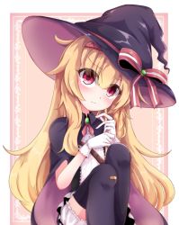 Rule 34 | 1girl, bandaid, black thighhighs, blonde hair, bloomers, cloak, closed mouth, dress, gloves, green brooch, hat, head tilt, highres, little witch nobeta, long hair, looking at viewer, nobeta, red eyes, shen li, sitting, solo, striped clothes, striped dress, thighhighs, underwear, vertical-striped clothes, vertical-striped dress, white bloomers, white gloves, witch hat
