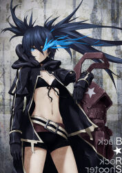 1girl belt black_coat black_gloves black_rock_shooter black_rock_shooter_(character) black_shorts blue_fire coat fire flaming_eye gloves long_hair multiple_belts open_clothes open_coat rock_cannon shorts solo twintails uneven_twintails yara_kami_meiosei