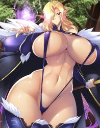 Rule 34 | 1girl, blonde hair, breasts, elf, energy, forest, haganef, huge breasts, long hair, misery stentrem, nature, pointy ears, smile, solo, youkoso! sukebe elf no mori e